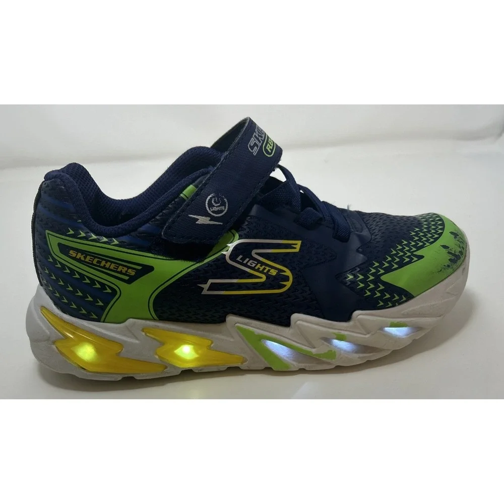 Skechers S-Lights: Boys Flex-Glow‎ Bolt Sneakers Size 2, Navy/Green/Yellow